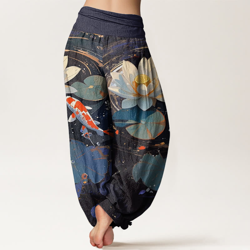 Buddha Stones Casual Summer Lotus Pond Koi Fish Pattern Women's Elastic Waist Harem Pants - image 2