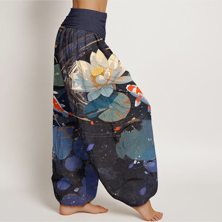 Buddha Stones Casual Summer Lotus Pond Koi Fish Pattern Women's Elastic Waist Harem Pants - image 1