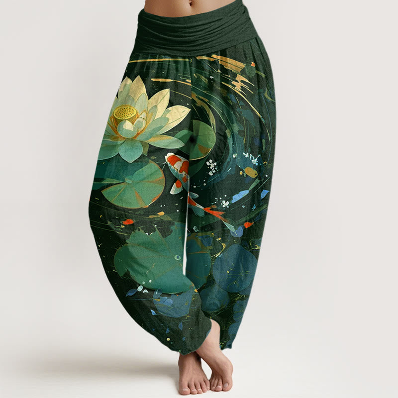 Buddha Stones Cotton Casual Summer Lotus Pond Koi Fish Pattern Women's Elastic Waist Harem Pants - DarkGreen - US22，UK/AU26，EU54 (6XL) - image 4