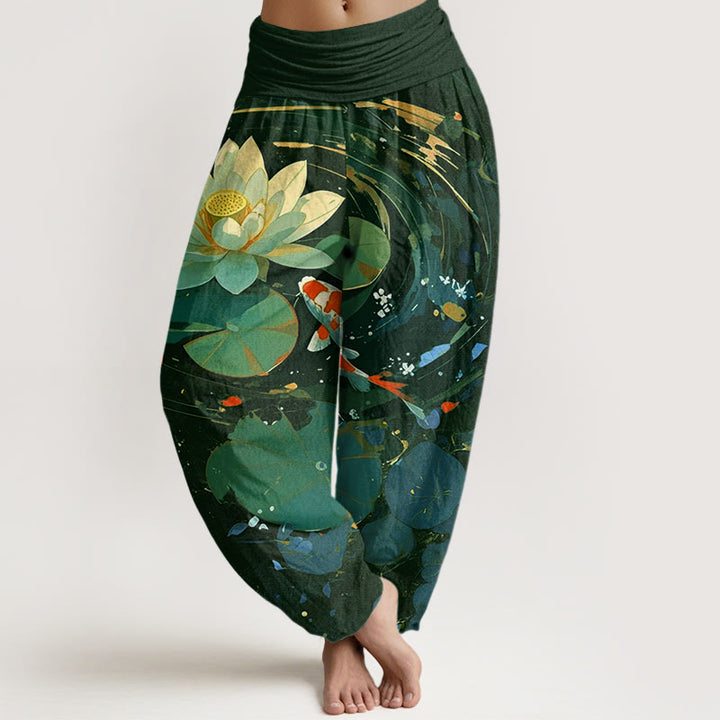 Buddha Stones Cotton Casual Summer Lotus Pond Koi Fish Pattern Women's Elastic Waist Harem Pants - DarkGreen - US22，UK/AU26，EU54 (6XL) - image 4