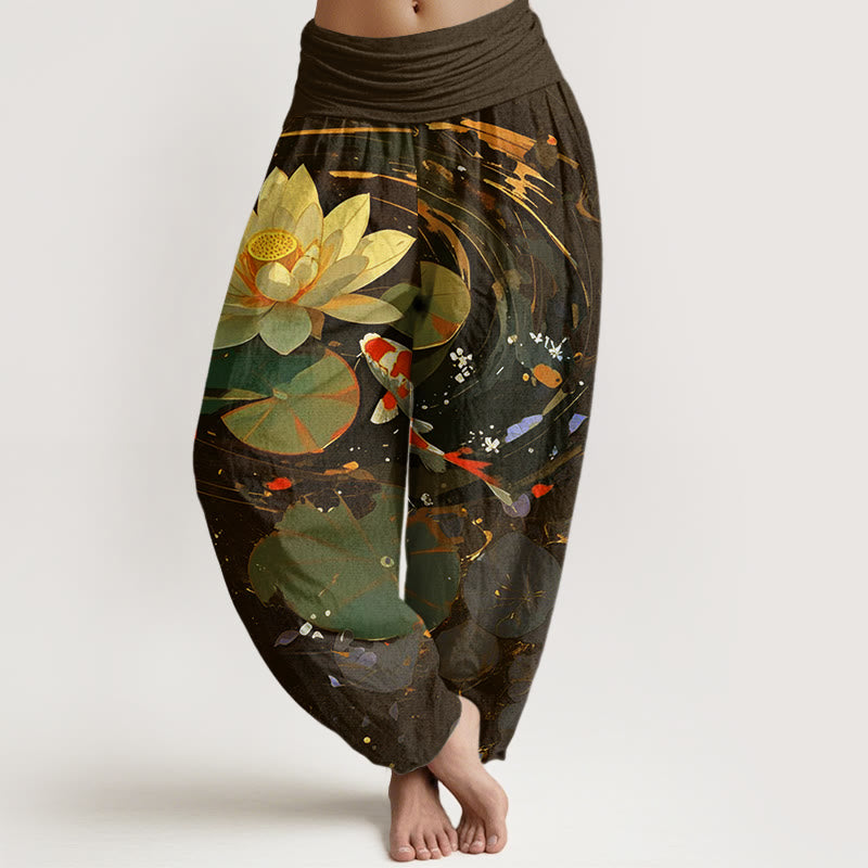 Buddha Stones Casual Summer Lotus Pond Koi Fish Pattern Women's Elastic Waist Harem Pants - SaddleBrown - US22，UK/AU26，EU54 (6XL) - image 7