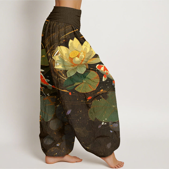 Buddha Stones Casual Summer Lotus Pond Koi Fish Pattern Women's Elastic Waist Harem Pants - image 8