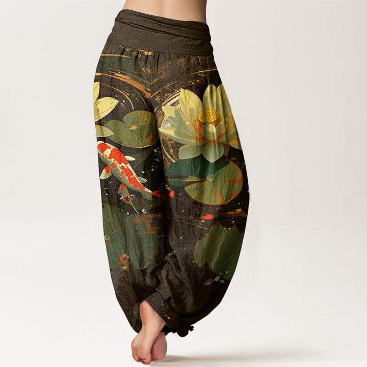 Buddha Stones Casual Summer Lotus Pond Koi Fish Pattern Women's Elastic Waist Harem Pants - image 9