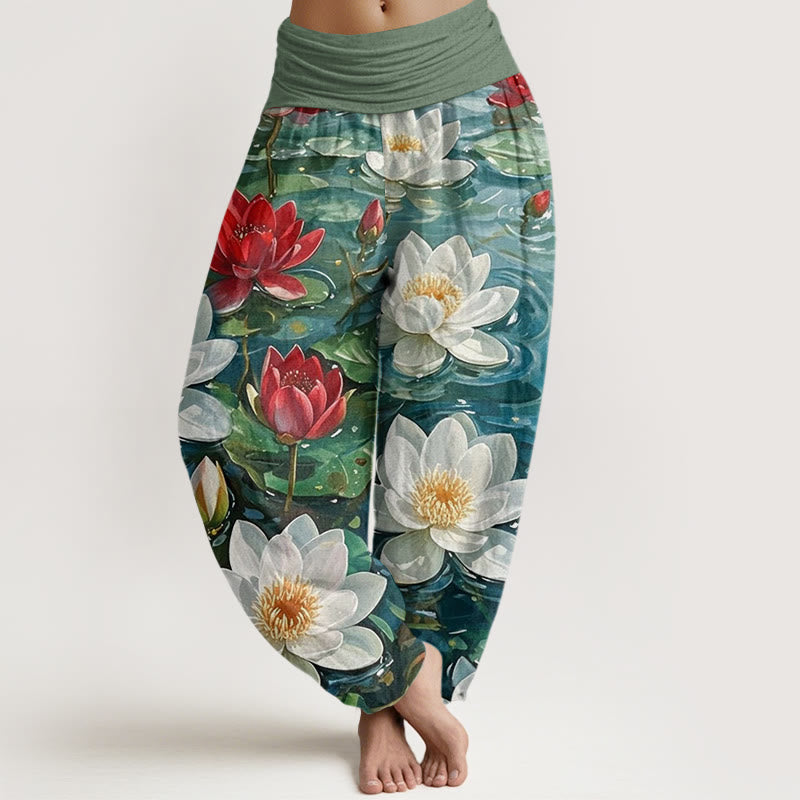 Buddha Stones Casual Blooming Red Lotus Flower Pattern Women's Elastic Waist Harem Pants - ForestGreen - US22，UK/AU26，EU54 (6XL) - image 0