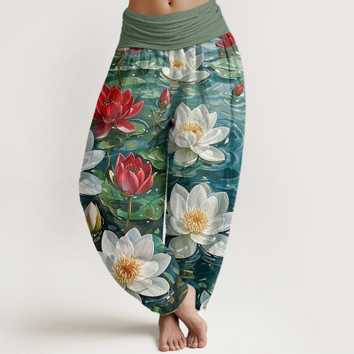 Buddha Stones Casual Blooming Red Lotus Flower Pattern Women's Elastic Waist Harem Pants - ForestGreen - US22，UK/AU26，EU54 (6XL) - image 0