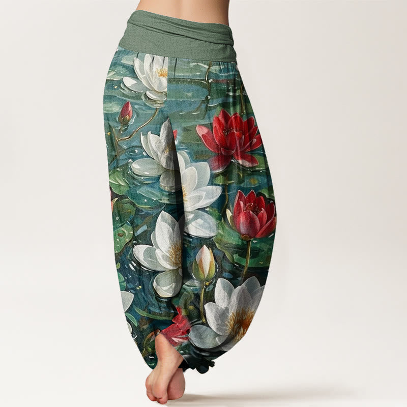Buddha Stones Cotton Casual Blooming Red Lotus Flower Pattern Women's Elastic Waist Harem Pants - image 2