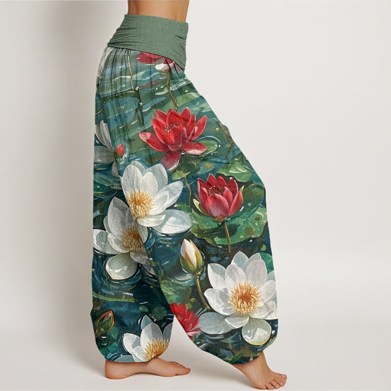 Buddha Stones Casual Blooming Red Lotus Flower Pattern Women's Elastic Waist Harem Pants - image 1