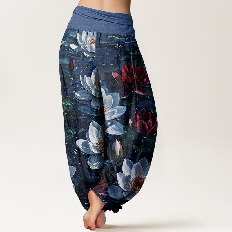 Buddha Stones Cotton Casual Blooming Red Lotus Flower Pattern Women's Elastic Waist Harem Pants - image 6