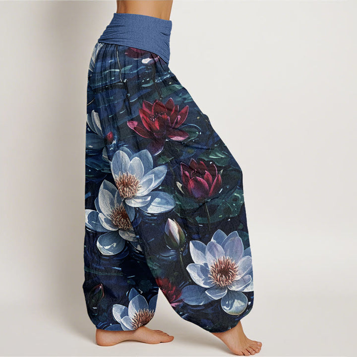 Buddha Stones Cotton Casual Blooming Red Lotus Flower Pattern Women's Elastic Waist Harem Pants - image 5
