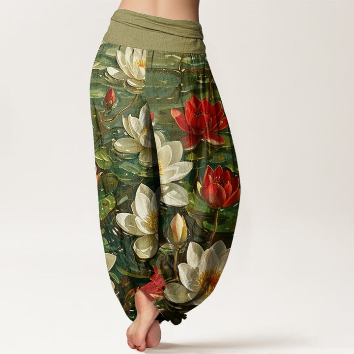 Buddha Stones Cotton Casual Blooming Red Lotus Flower Pattern Women's Elastic Waist Harem Pants - image 9