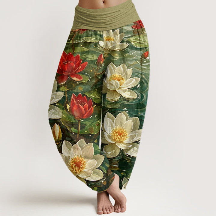 Buddha Stones Casual Blooming Red Lotus Flower Pattern Women's Elastic Waist Harem Pants - Olive - US22，UK/AU26，EU54 (6XL) - image 7