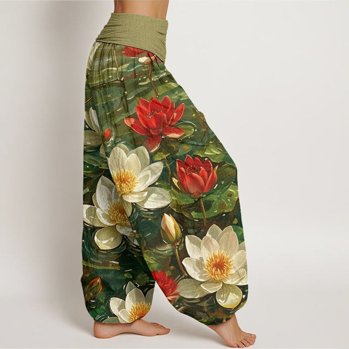 Buddha Stones Cotton Casual Blooming Red Lotus Flower Pattern Women's Elastic Waist Harem Pants - image 8