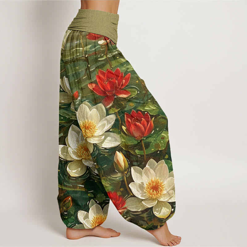Buddha Stones Casual Blooming Red Lotus Flower Pattern Women's Elastic Waist Harem Pants - image 8