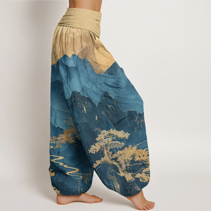 Buddha Stones Cotton Casual Mountains Trees Branches Pattern Women's Elastic Waist Harem Pants - image 1