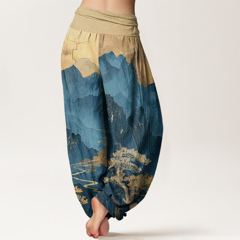 Buddha Stones Cotton Casual Mountains Trees Branches Pattern Women's Elastic Waist Harem Pants - image 2