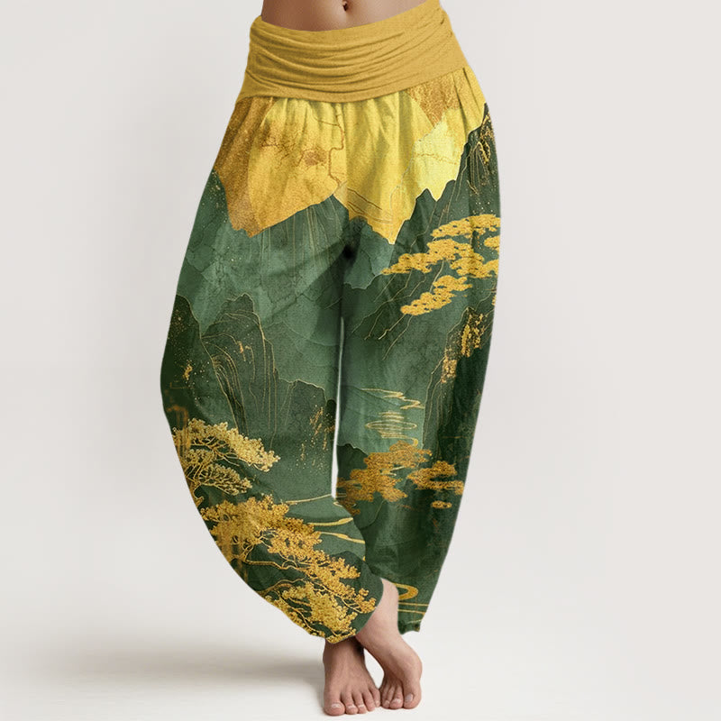 Buddha Stones Cotton Casual Mountains Trees Branches Pattern Women's Elastic Waist Harem Pants - Green - US22，UK/AU26，EU54 (6XL) - image 4