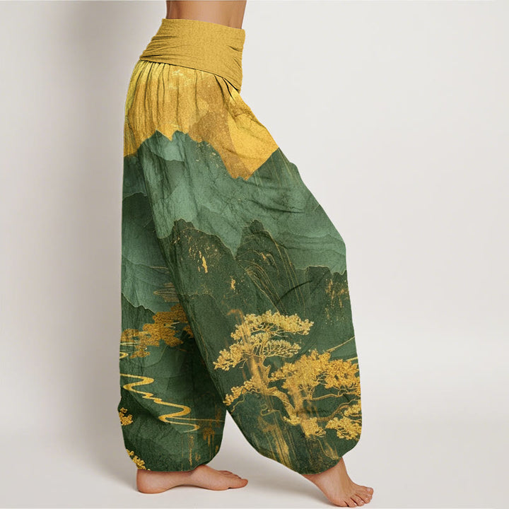 Buddha Stones Casual Mountains Trees Branches Pattern Women's Elastic Waist Harem Pants - image 5