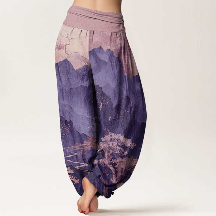 Buddha Stones Casual Mountains Trees Branches Pattern Women's Elastic Waist Harem Pants - image 9