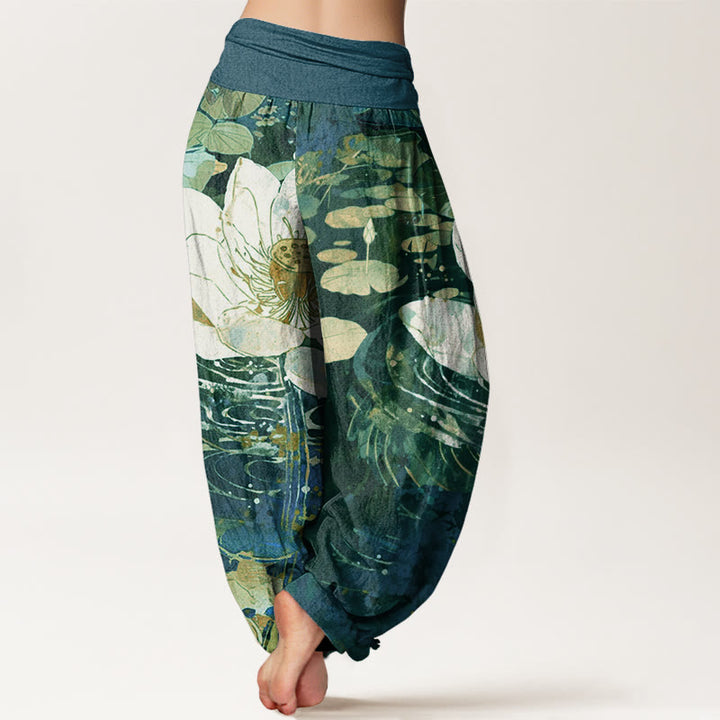 Buddha Stones Casual Charming Lotus Flower Pattern Women's Elastic Waist Harem Pants - image 2