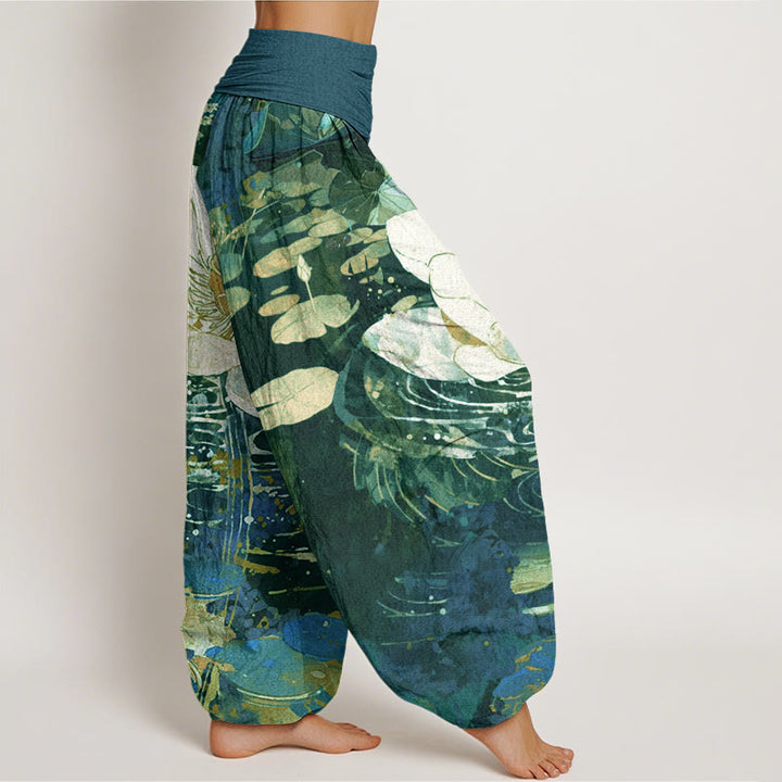 Buddha Stones Cotton Casual Charming Lotus Flower Pattern Women's Elastic Waist Harem Pants - image 1