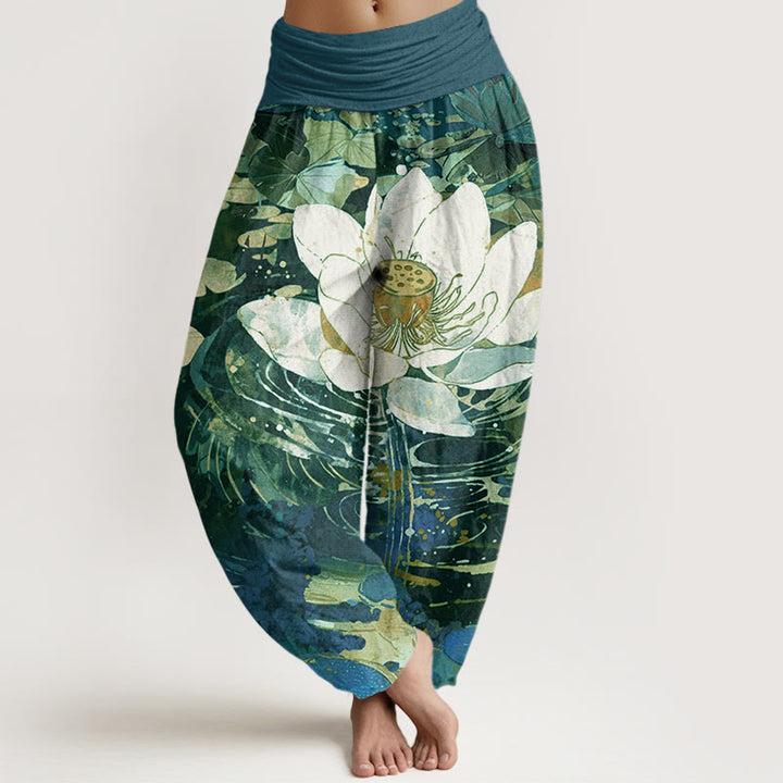 Buddha Stones Casual Charming Lotus Flower Pattern Women's Elastic Waist Harem Pants - SeaGreen - US22，UK/AU26，EU54 (6XL) - image 0