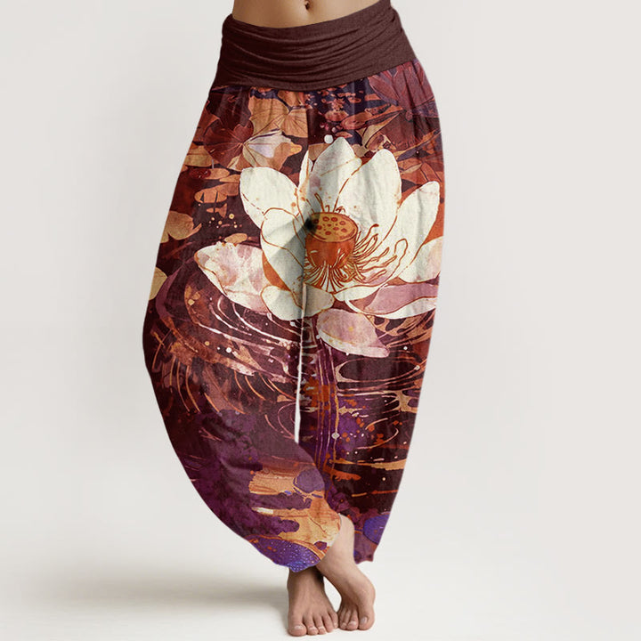Buddha Stones Casual Charming Lotus Flower Pattern Women's Elastic Waist Harem Pants - Brown - US22，UK/AU26，EU54 (6XL) - image 4