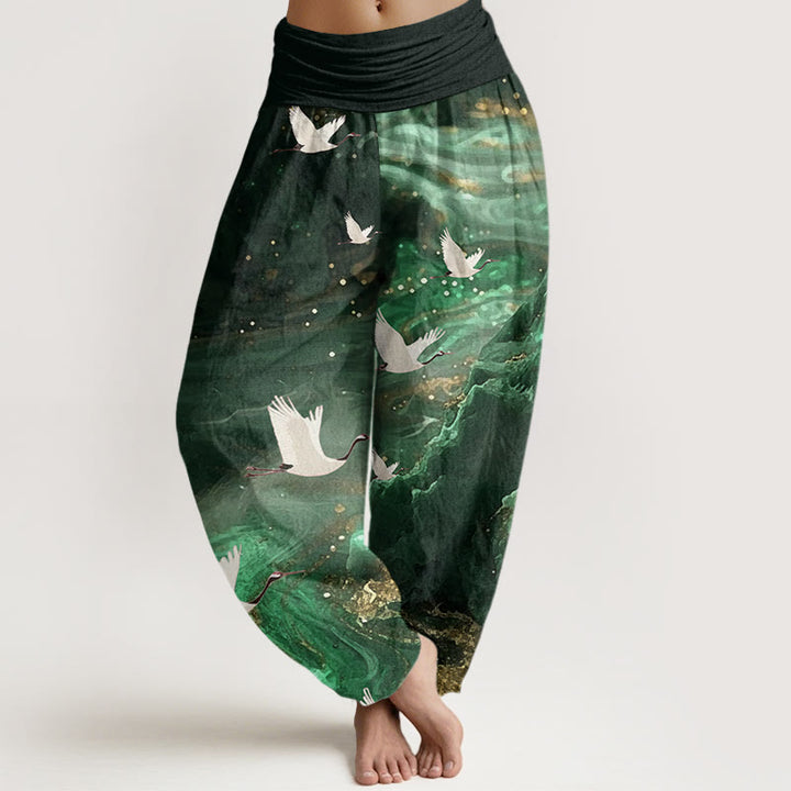 Buddha Stones Casual Flying Crane Pattern Women's Elastic Waist Harem Pants - ForestGreen - US22，UK/AU26，EU54 (6XL) - image 0