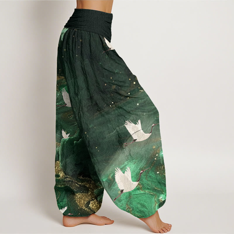 Buddha Stones Casual Flying Crane Pattern Women's Elastic Waist Harem Pants - image 1