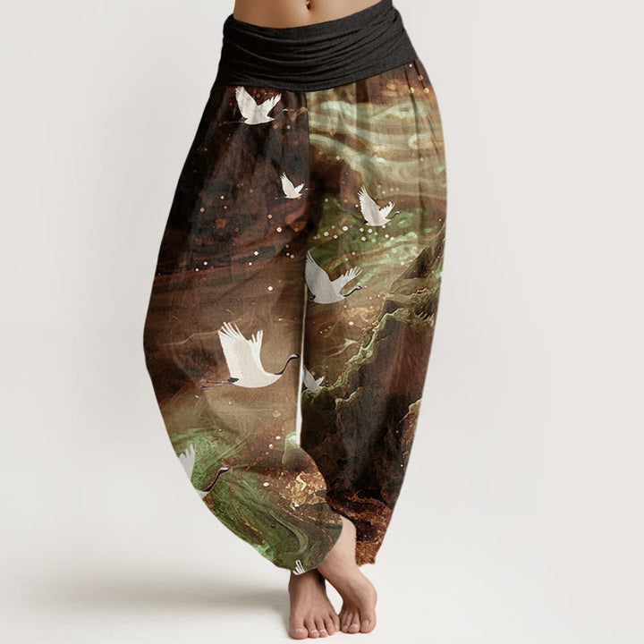 Buddha Stones Cotton Casual Flying Crane Pattern Women's Elastic Waist Harem Pants - SaddleBrown - US22，UK/AU26，EU54 (6XL) - image 4