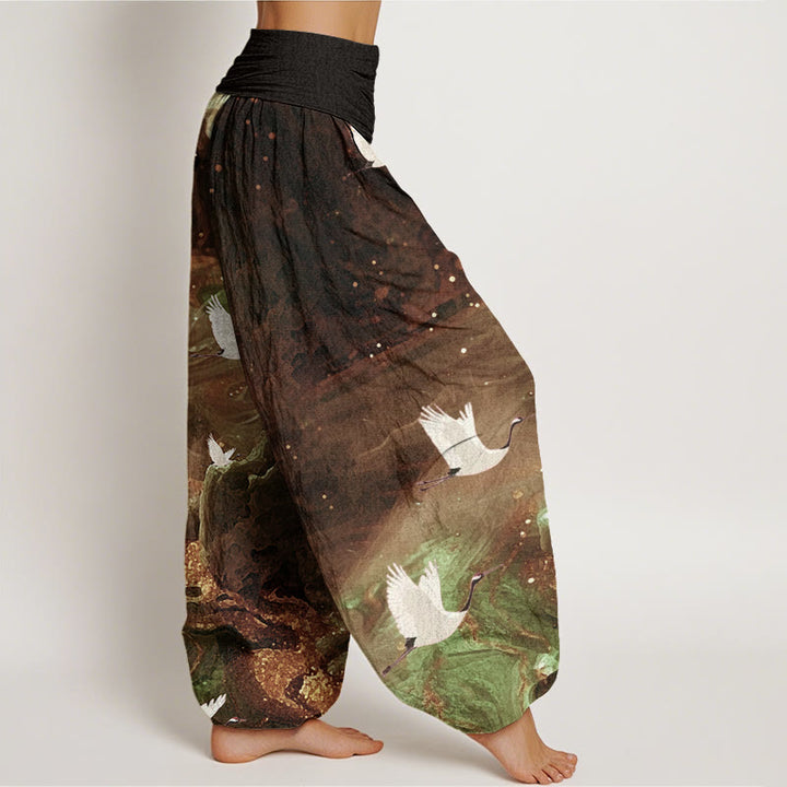 Buddha Stones Casual Flying Crane Pattern Women's Elastic Waist Harem Pants - image 5