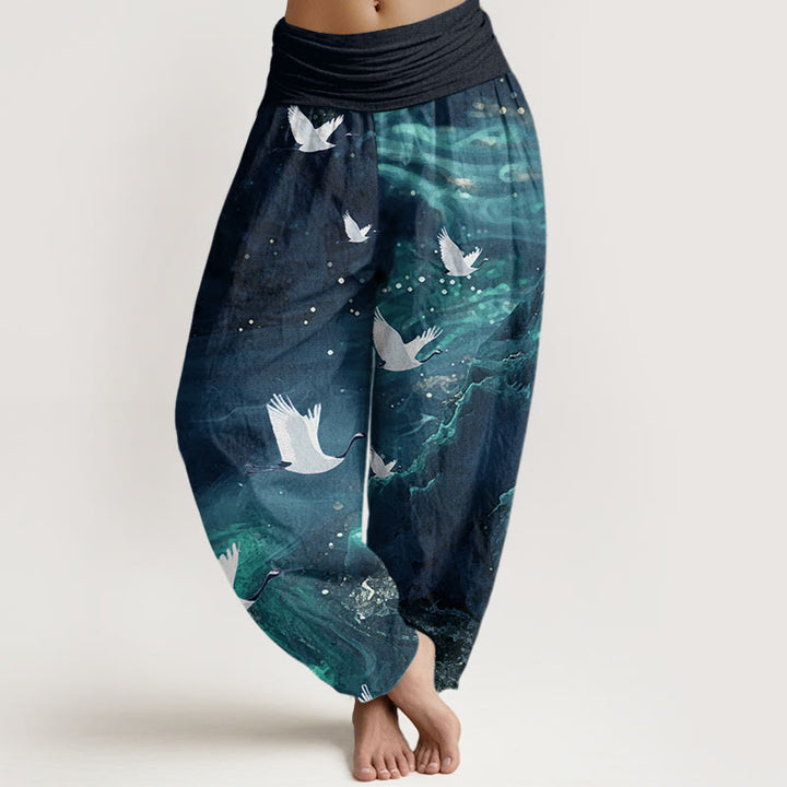 Buddha Stones Casual Flying Crane Pattern Women's Elastic Waist Harem Pants - MidnightBlue - US22，UK/AU26，EU54 (6XL) - image 7