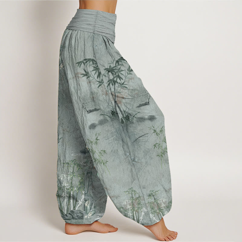 Buddha Stones Pure Cotton Casual Bamboo Rock Ink Painting Women's Elastic Waist Harem Pants - image 11
