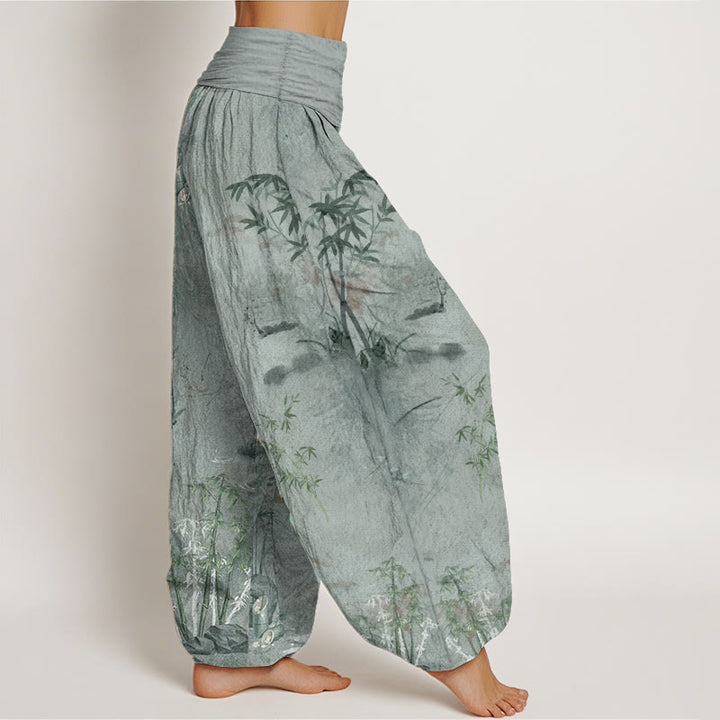 Buddha Stones Pure Cotton Casual Bamboo Rock Ink Painting Women's Elastic Waist Harem Pants - image 11