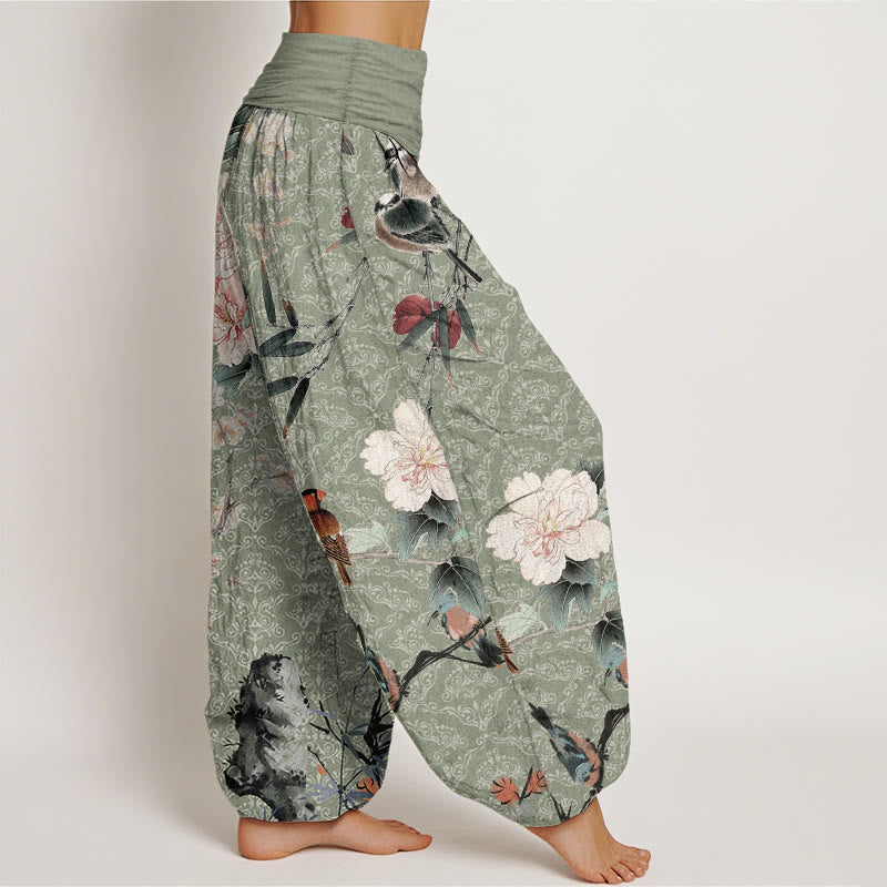 Buddha Stones Pure Cotton Warbler Bird Blooming Flower Branches Mandala Pattern Women's Elastic Waist Harem Pants - image 2