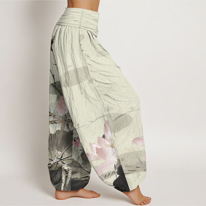 Buddha Stones Pure Cotton Pink Lotus Leaves Bird Pattern Women's Elastic Waist Harem Pants - image 2