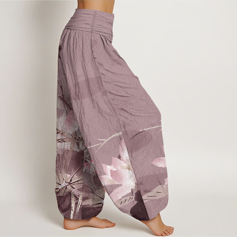 Buddha Stones Pure Cotton Pink Lotus Leaves Bird Pattern Women's Elastic Waist Harem Pants - image 10
