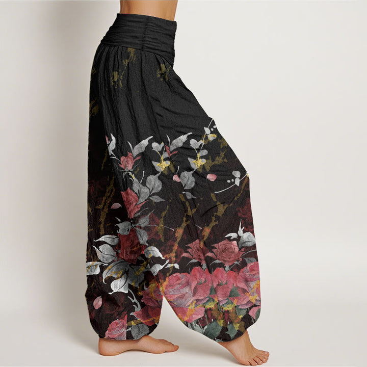 Buddha Stones Pure Cotton Blooming Roses Pattern Women's Elastic Waist Harem Pants - image 2