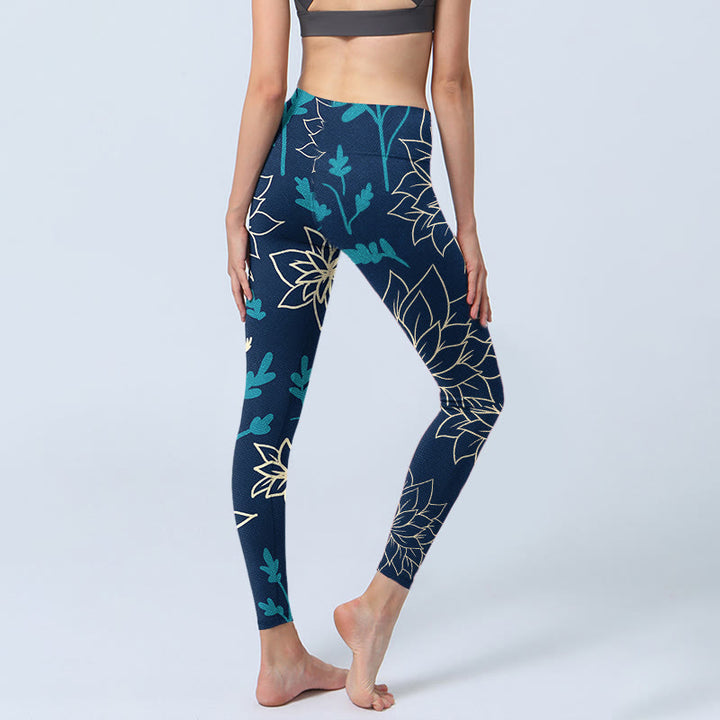 Buddha Stones Beige Flowers Blue Leaves Print Gym Leggings Women's Yoga Pants - image 3