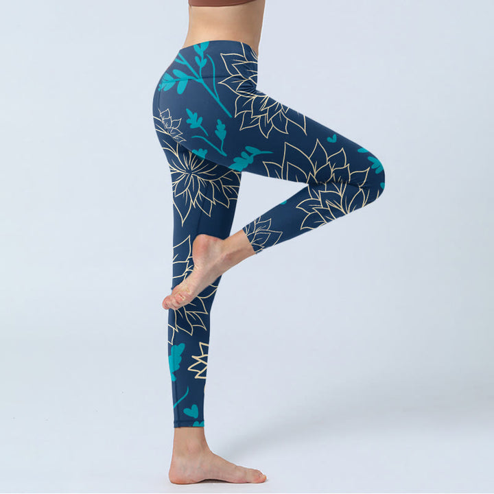 Buddha Stones Beige Flowers Blue Leaves Print Gym Leggings Women's Yoga Pants - image 3