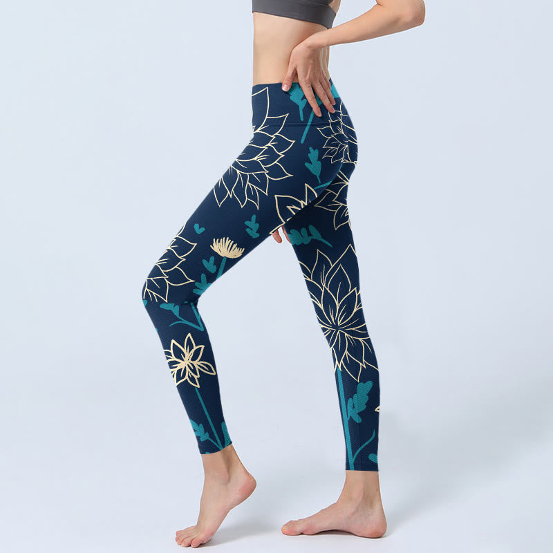 Buddha Stones Beige Flowers Blue Leaves Print Gym Leggings Women's Yoga Pants - image 2