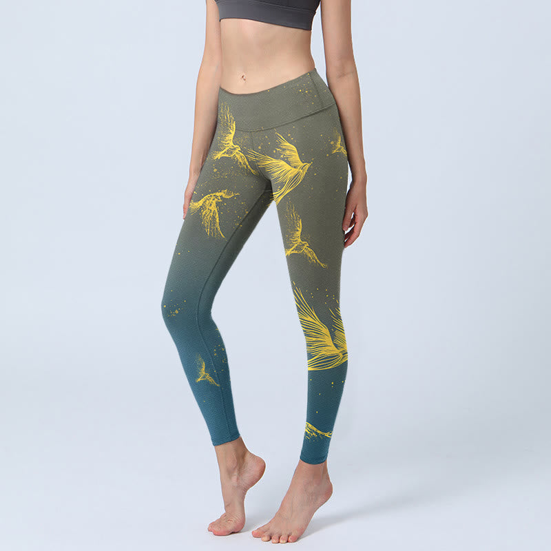 Buddha Stones Golden Flying Birds Print Gym Leggings Women's Yoga Pants - SlateGray - US18，UK/AU22，EU50 (4XL) - image 0