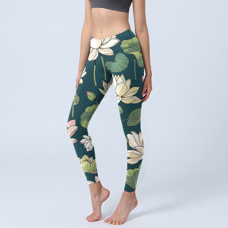 Buddha Stones Beige Pink Lotus Flowers Leaves Print Gym Leggings Women's Yoga Pants - Teal - US18，UK/AU22，EU50 (4XL) - image 0