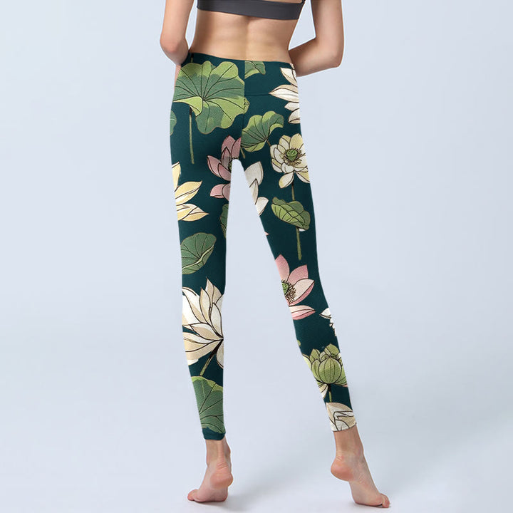 Buddha Stones Beige Pink Lotus Flowers Leaves Print Gym Leggings Women's Yoga Pants - image 8