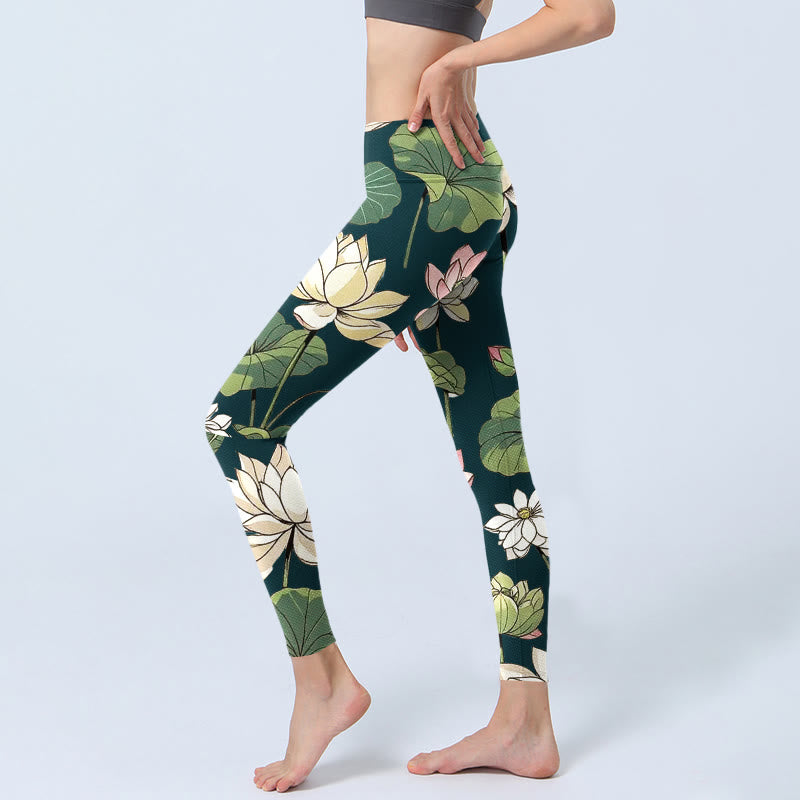 Buddha Stones Beige Pink Lotus Flowers Leaves Print Gym Leggings Women's Yoga Pants - image 5