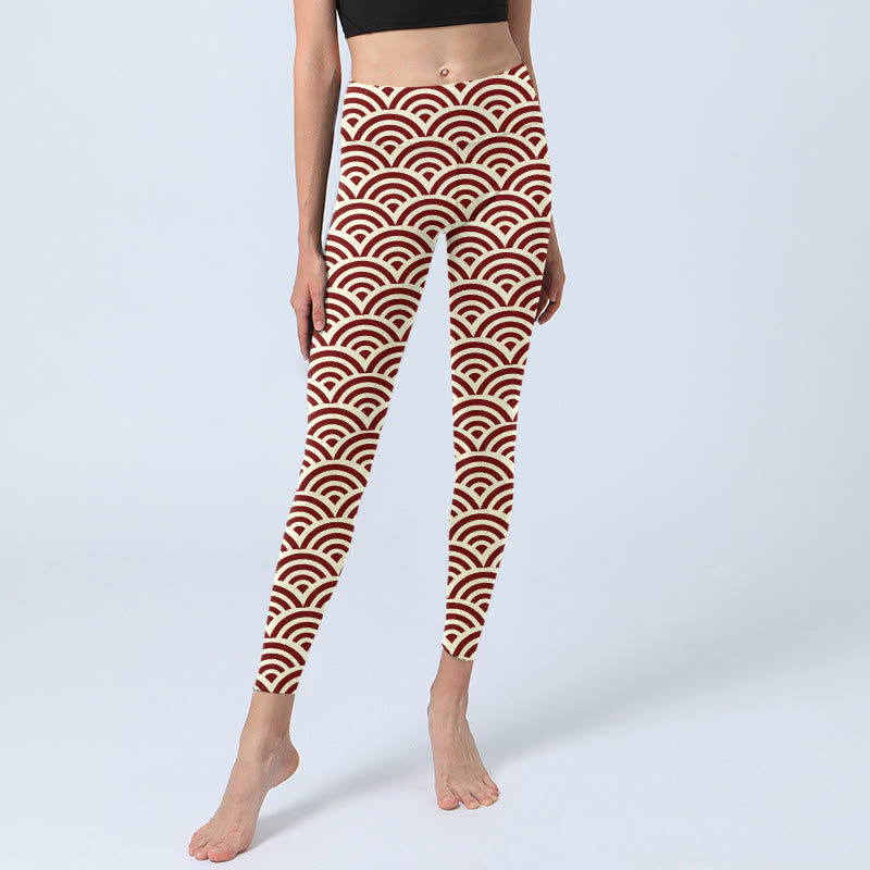 Buddha Stones Red Beige Fan Shapes Print Gym Leggings Women's Yoga Pants - image 6