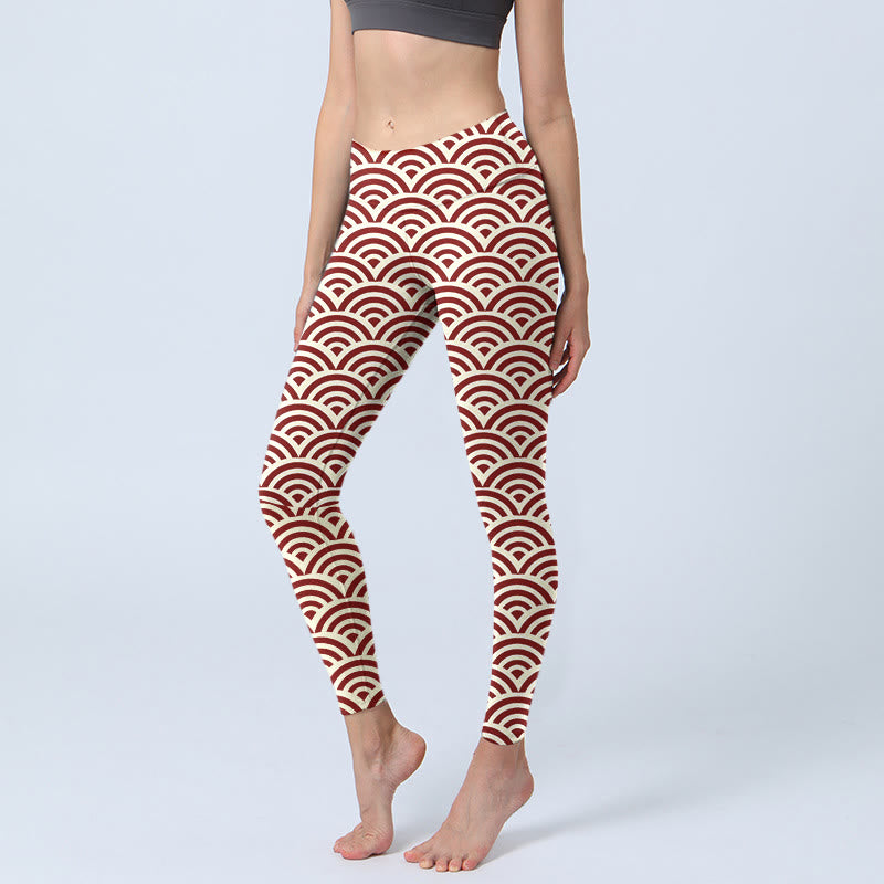 Buddha Stones Red Beige Fan Shapes Print Gym Leggings Women's Yoga Pants - Beige - US18，UK/AU22，EU50 (4XL) - image 1