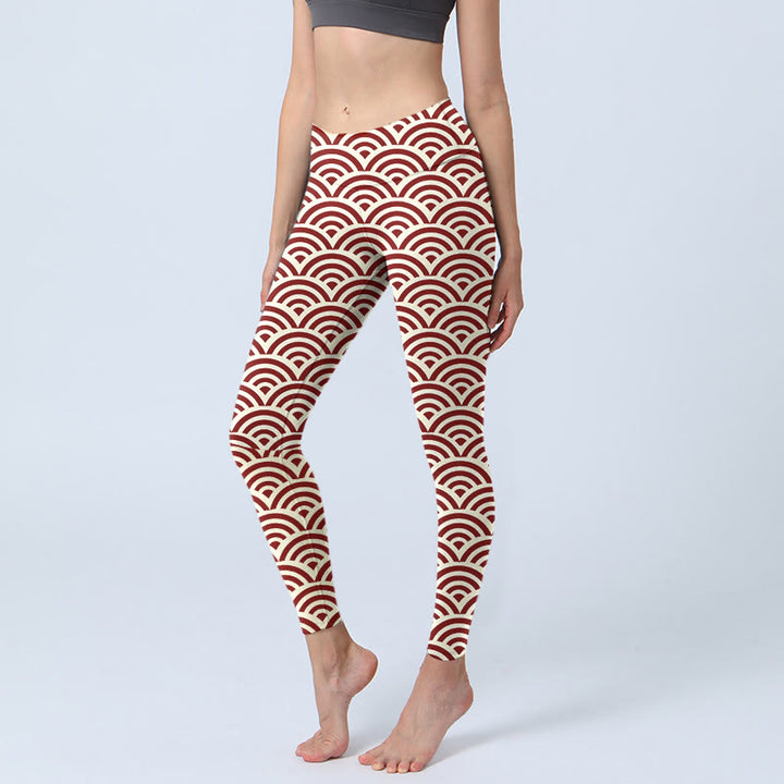 Buddha Stones Red Beige Fan Shapes Print Gym Leggings Women's Yoga Pants - Beige - US18，UK/AU22，EU50 (4XL) - image 1