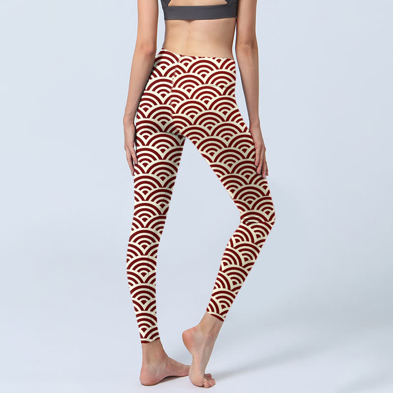 Buddha Stones Red Beige Fan Shapes Print Gym Leggings Women's Yoga Pants - image 5