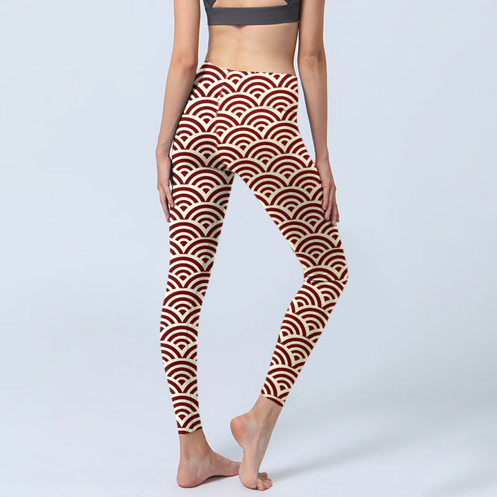 Buddha Stones Red Beige Fan Shapes Print Gym Leggings Women's Yoga Pants - image 5