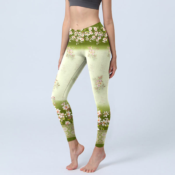 Buddha Stones Pink Flowers Green Leaves Print Gym Leggings Women's Yoga Pants - image 6